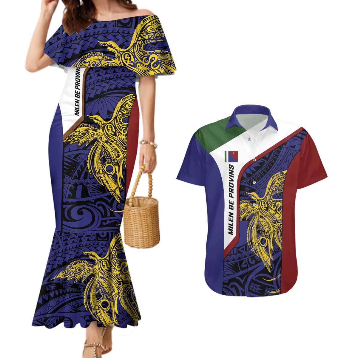 Personalised PNG Milne Bay Province Couples Matching Mermaid Dress and Hawaiian Shirt Bird of Paradise Tattoo Flag Motif LT9 Blue - Polynesian Pride