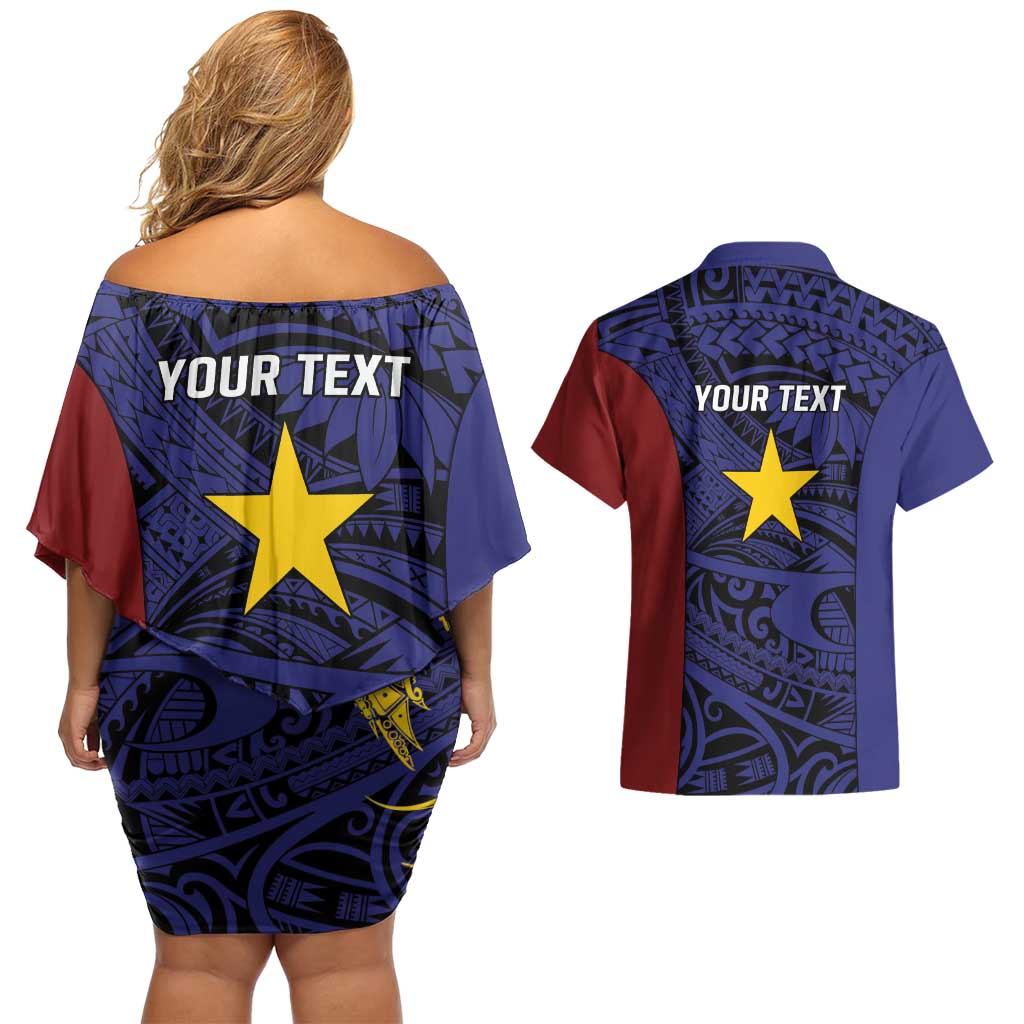 Personalised PNG Milne Bay Province Couples Matching Off Shoulder Short Dress and Hawaiian Shirt Bird of Paradise Tattoo Flag Motif - Polynesian Pride