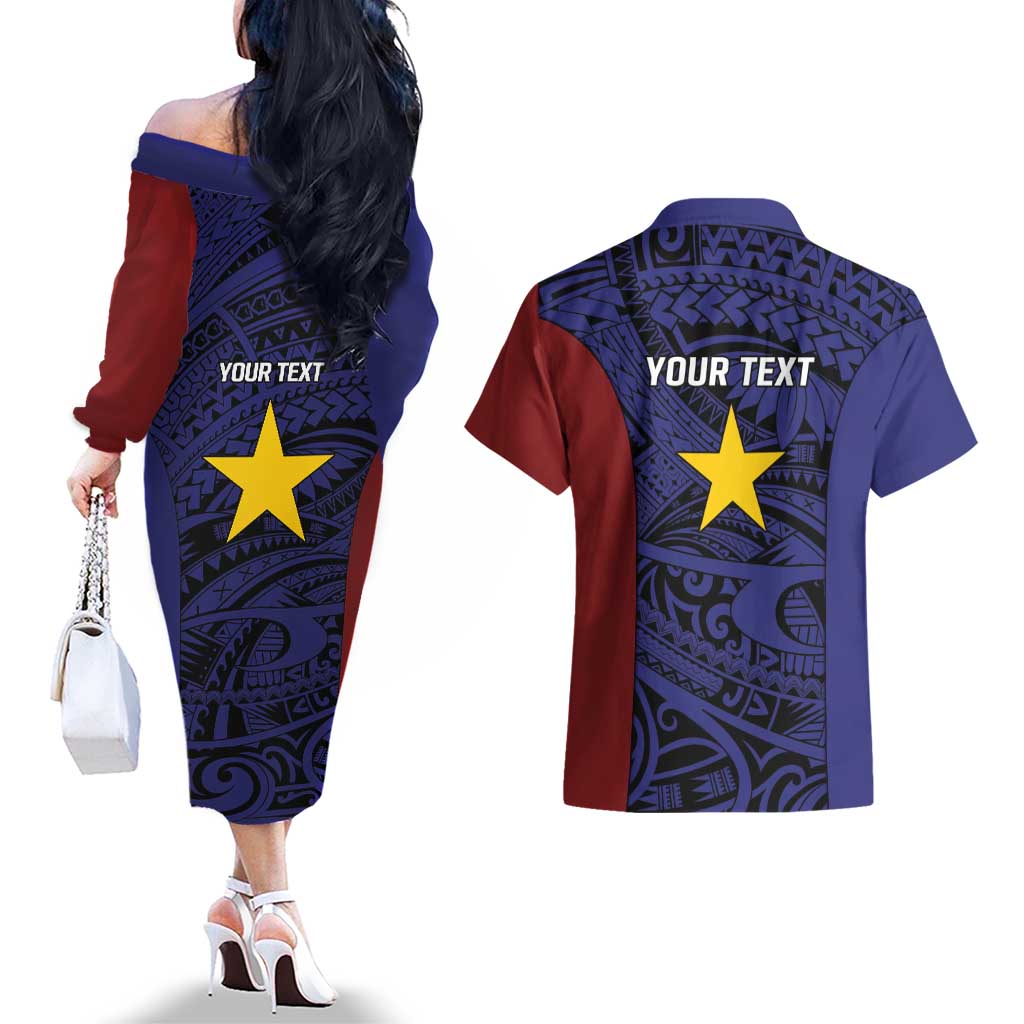 Personalised PNG Milne Bay Province Couples Matching Off The Shoulder Long Sleeve Dress and Hawaiian Shirt Bird of Paradise Tattoo Flag Motif - Polynesian Pride