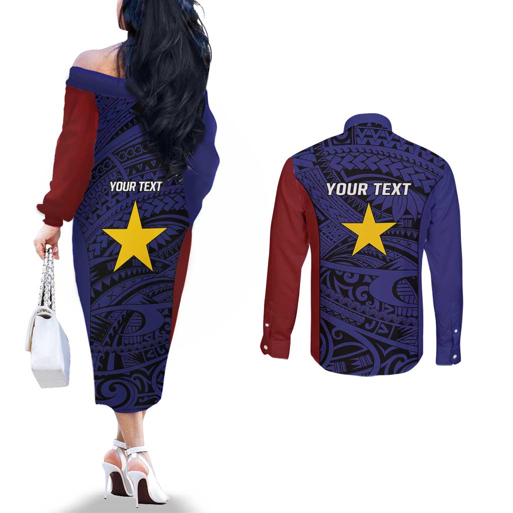 Personalised PNG Milne Bay Province Couples Matching Off The Shoulder Long Sleeve Dress and Long Sleeve Button Shirt Bird of Paradise Tattoo Flag Motif - Polynesian Pride
