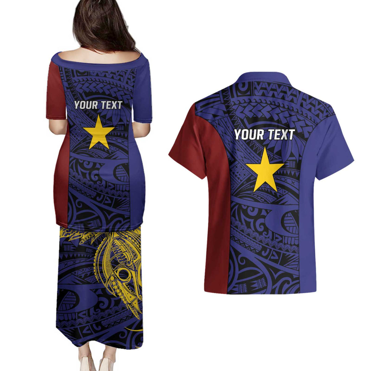 Personalised PNG Milne Bay Province Couples Matching Puletasi and Hawaiian Shirt Bird of Paradise Tattoo Flag Motif - Polynesian Pride