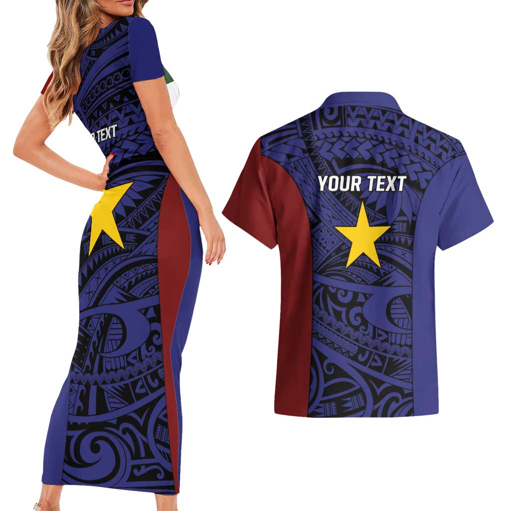 Personalised PNG Milne Bay Province Couples Matching Short Sleeve Bodycon Dress and Hawaiian Shirt Bird of Paradise Tattoo Flag Motif - Polynesian Pride