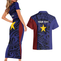 Personalised PNG Milne Bay Province Couples Matching Short Sleeve Bodycon Dress and Hawaiian Shirt Bird of Paradise Tattoo Flag Motif - Polynesian Pride