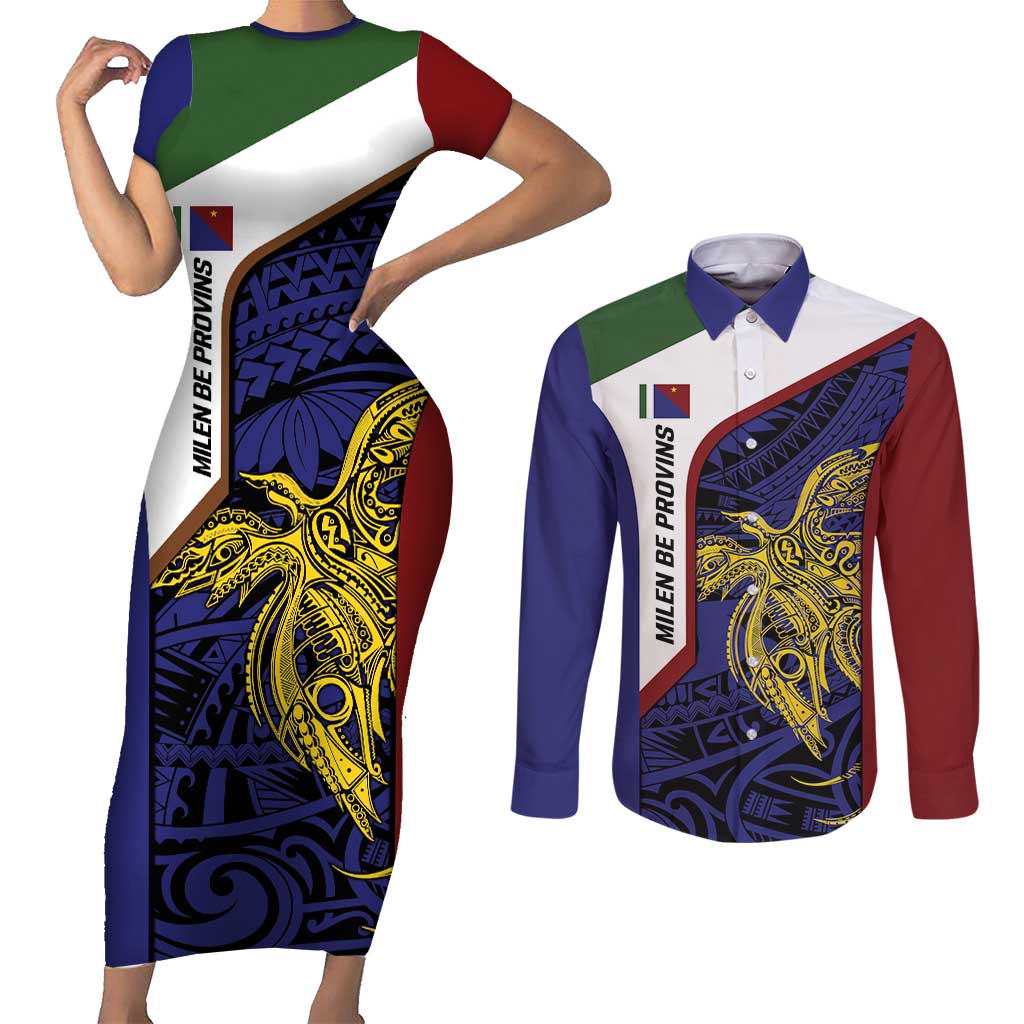 Personalised PNG Milne Bay Province Couples Matching Short Sleeve Bodycon Dress and Long Sleeve Button Shirt Bird of Paradise Tattoo Flag Motif LT9 Blue - Polynesian Pride