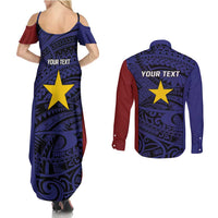 Personalised PNG Milne Bay Province Couples Matching Summer Maxi Dress and Long Sleeve Button Shirt Bird of Paradise Tattoo Flag Motif - Polynesian Pride