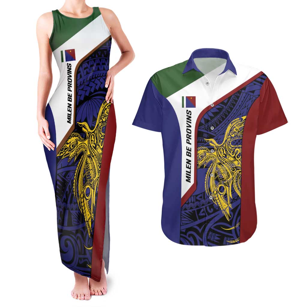 Personalised PNG Milne Bay Province Couples Matching Tank Maxi Dress and Hawaiian Shirt Bird of Paradise Tattoo Flag Motif - Polynesian Pride