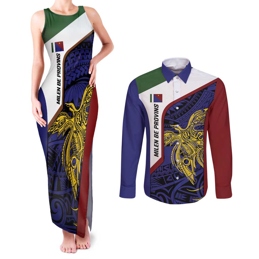 Personalised PNG Milne Bay Province Couples Matching Tank Maxi Dress and Long Sleeve Button Shirt Bird of Paradise Tattoo Flag Motif - Polynesian Pride