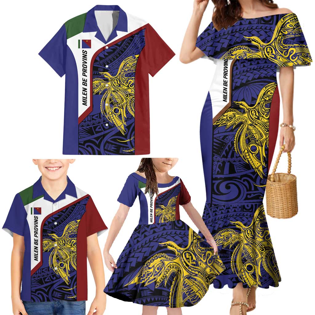 Personalised PNG Milne Bay Province Family Matching Mermaid Dress and Hawaiian Shirt Bird of Paradise Tattoo Flag Motif LT9 - Polynesian Pride