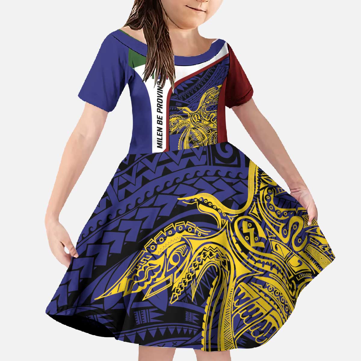 Personalised PNG Milne Bay Province Family Matching Off The Shoulder Long Sleeve Dress and Hawaiian Shirt Bird of Paradise Tattoo Flag Motif - Polynesian Pride