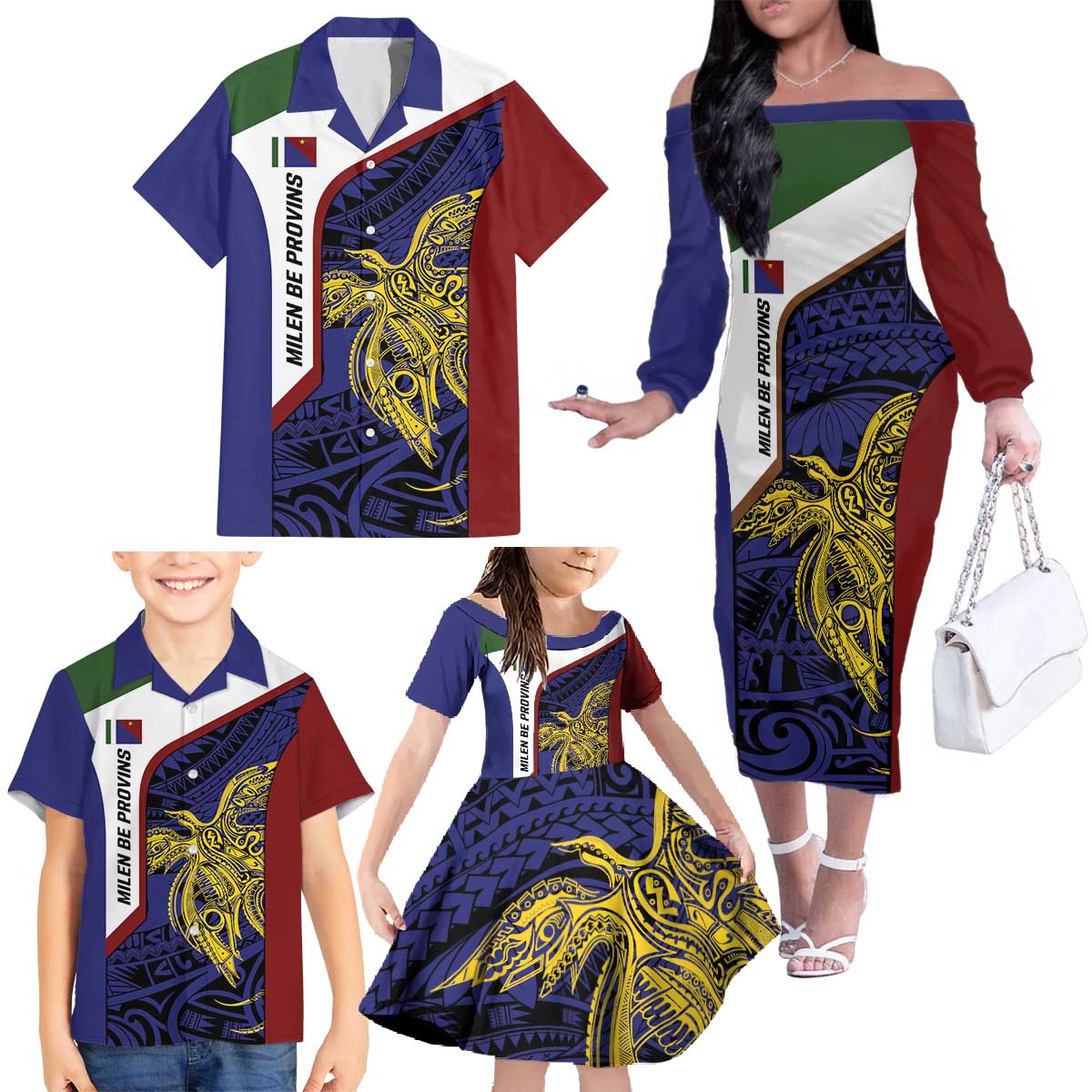 Personalised PNG Milne Bay Province Family Matching Off The Shoulder Long Sleeve Dress and Hawaiian Shirt Bird of Paradise Tattoo Flag Motif LT9 - Polynesian Pride