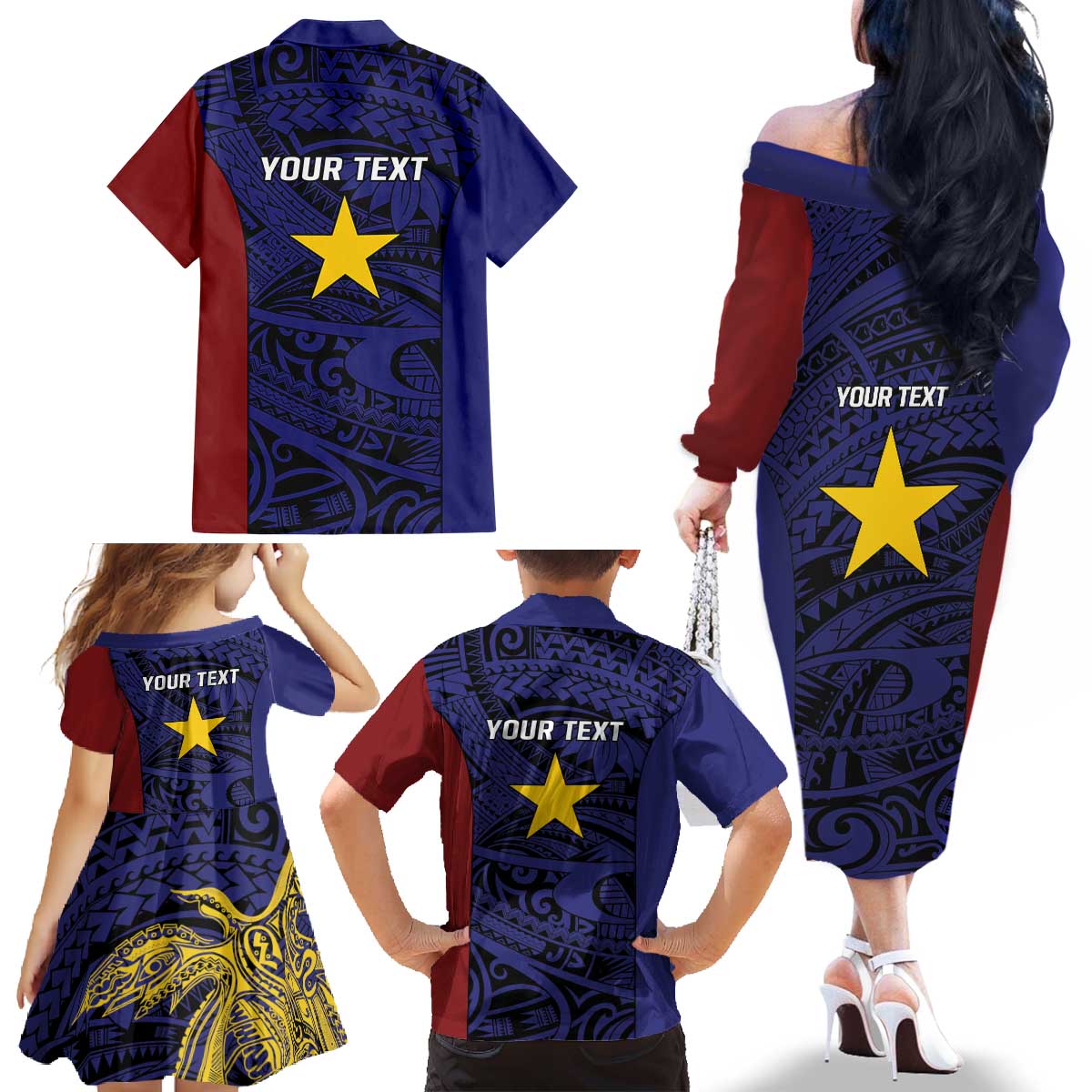Personalised PNG Milne Bay Province Family Matching Off The Shoulder Long Sleeve Dress and Hawaiian Shirt Bird of Paradise Tattoo Flag Motif - Polynesian Pride