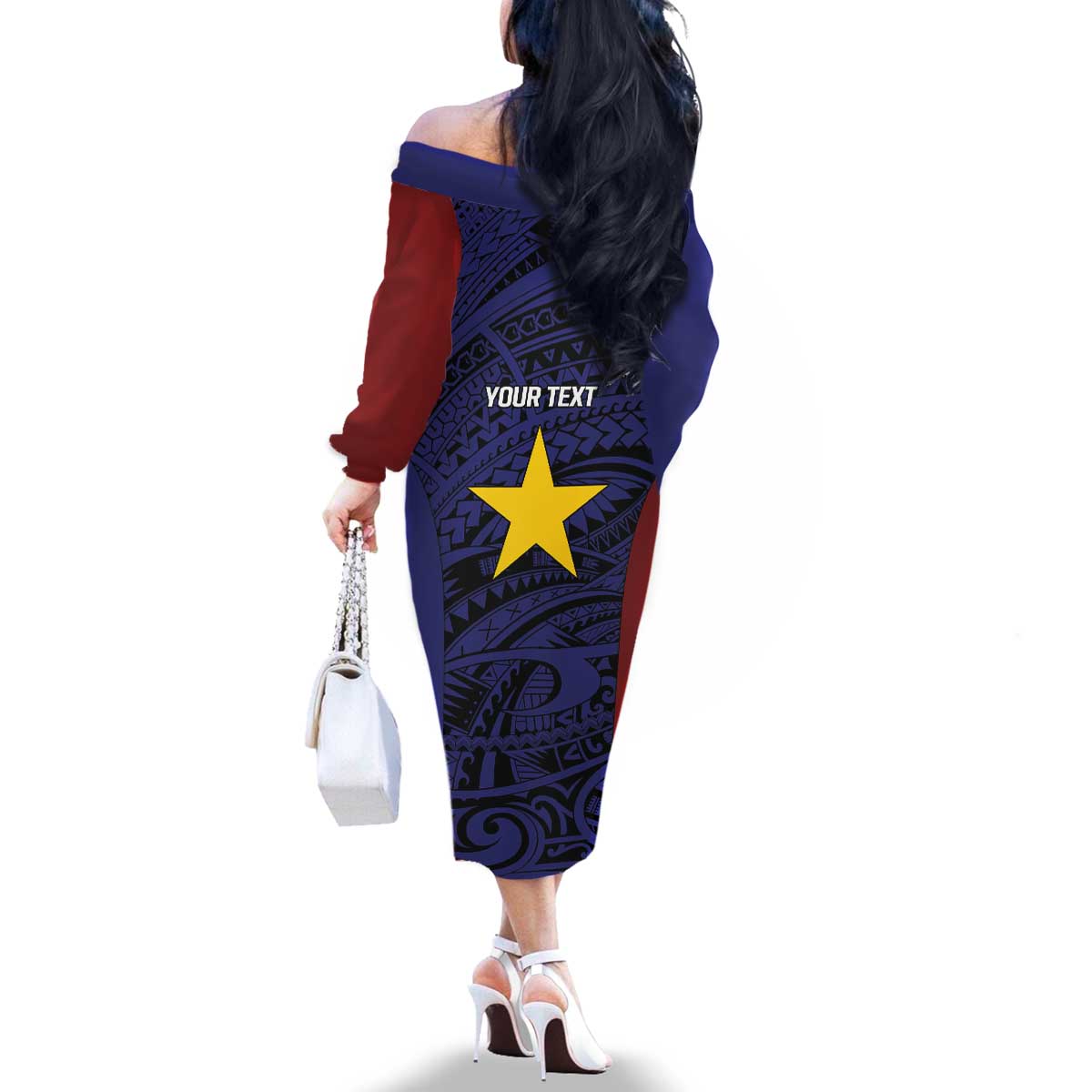 Personalised PNG Milne Bay Province Family Matching Off The Shoulder Long Sleeve Dress and Hawaiian Shirt Bird of Paradise Tattoo Flag Motif - Polynesian Pride