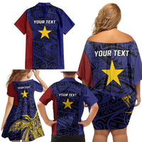 Personalised PNG Milne Bay Province Family Matching Off Shoulder Short Dress and Hawaiian Shirt Bird of Paradise Tattoo Flag Motif - Polynesian Pride
