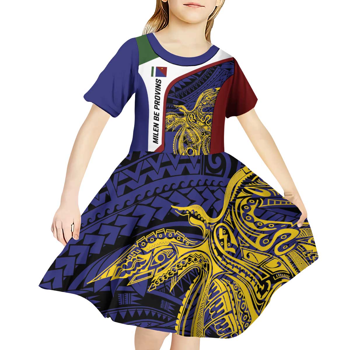 Personalised PNG Milne Bay Province Kid Short Sleeve Dress Bird of Paradise Tattoo Flag Motif - Polynesian Pride