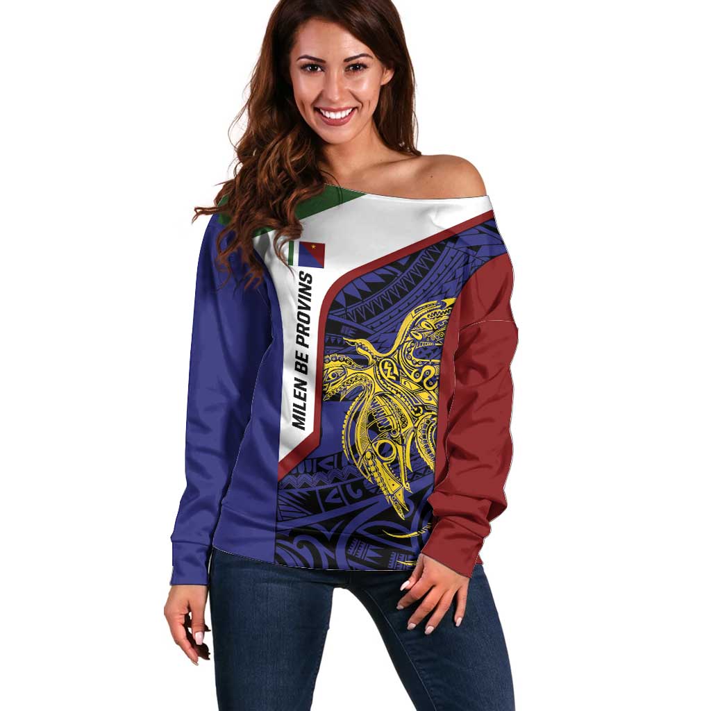 Personalised PNG Milne Bay Province Off Shoulder Sweater Bird of Paradise Tattoo Flag Motif - Polynesian Pride