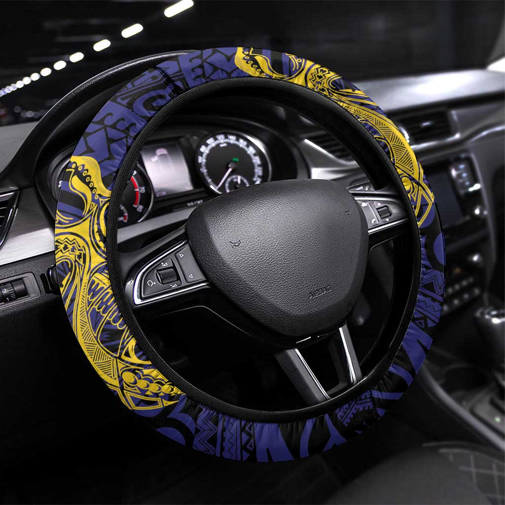 PNG Milne Bay Province Steering Wheel Cover Bird of Paradise Tattoo Flag Motif LT9 Universal Fit Blue - Polynesian Pride