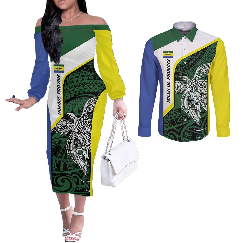 Personalised PNG Morobe Province Couples Matching Off The Shoulder Long Sleeve Dress and Long Sleeve Button Shirt Bird of Paradise Tattoo Flag Motif LT9 Green - Polynesian Pride