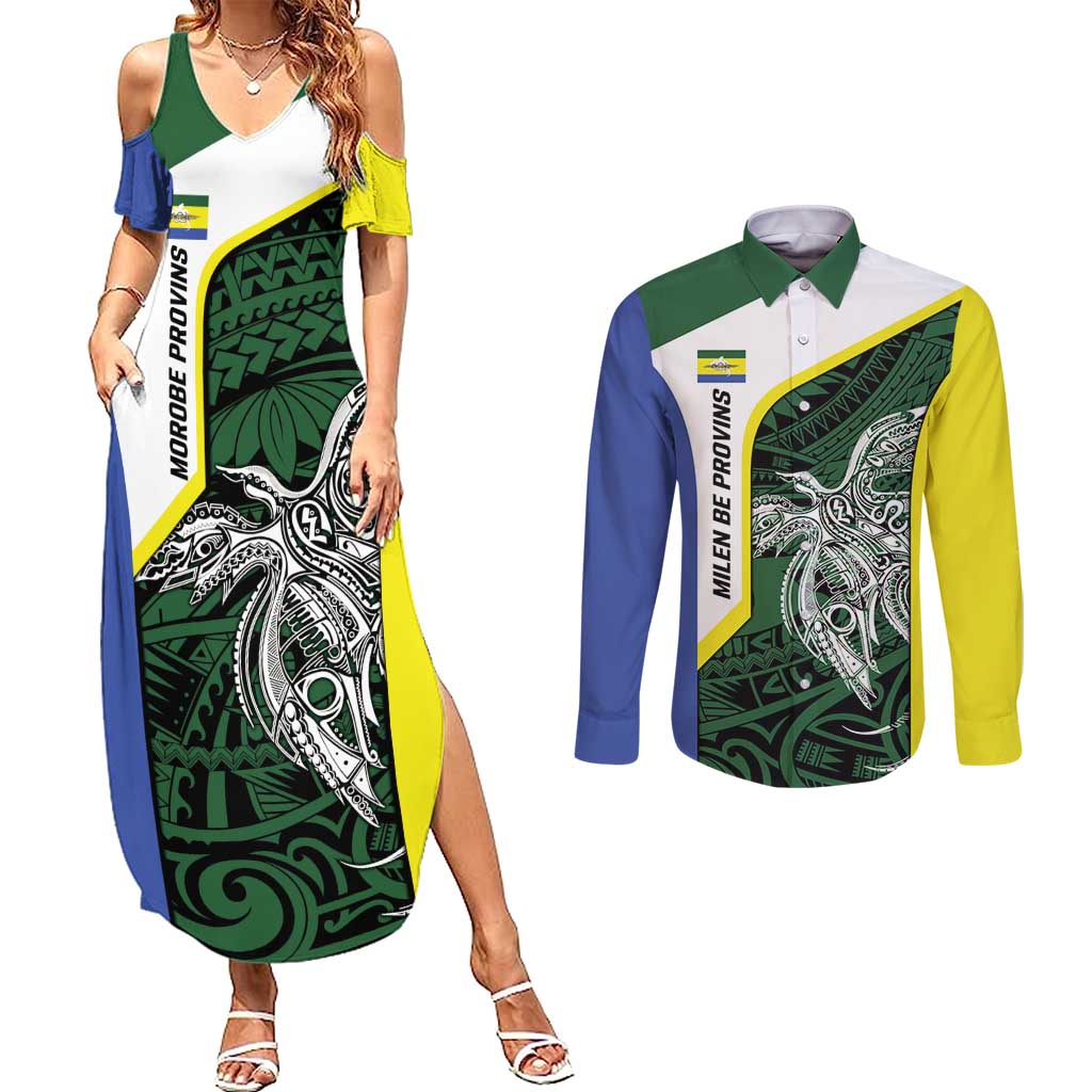 Personalised PNG Morobe Province Couples Matching Summer Maxi Dress and Long Sleeve Button Shirt Bird of Paradise Tattoo Flag Motif LT9 Green - Polynesian Pride