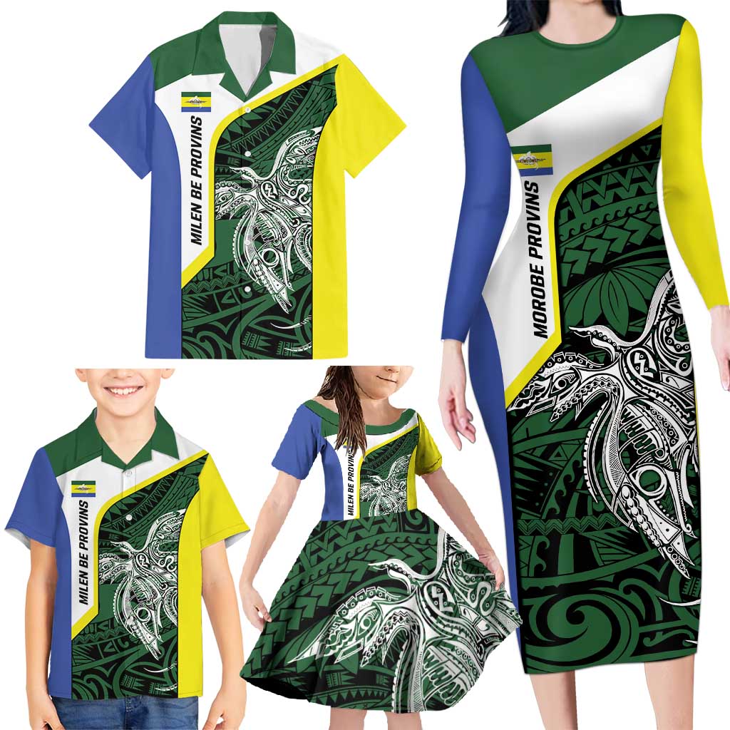 Personalised PNG Morobe Province Family Matching Long Sleeve Bodycon Dress and Hawaiian Shirt Bird of Paradise Tattoo Flag Motif LT9 - Polynesian Pride