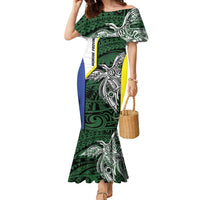 Personalised PNG Morobe Province Family Matching Mermaid Dress and Hawaiian Shirt Bird of Paradise Tattoo Flag Motif LT9 Mom's Dress Green - Polynesian Pride