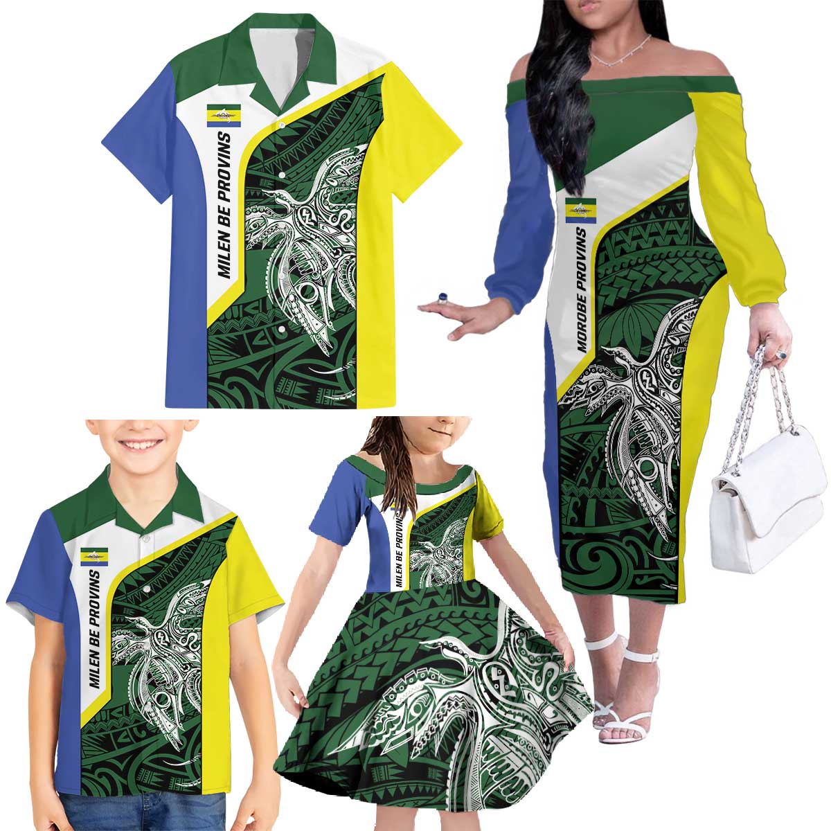 Personalised PNG Morobe Province Family Matching Off The Shoulder Long Sleeve Dress and Hawaiian Shirt Bird of Paradise Tattoo Flag Motif LT9 - Polynesian Pride