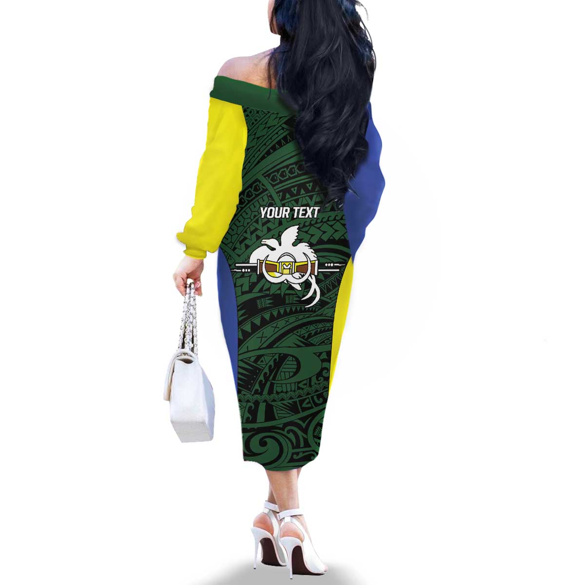 Personalised PNG Morobe Province Family Matching Off The Shoulder Long Sleeve Dress and Hawaiian Shirt Bird of Paradise Tattoo Flag Motif LT9 - Polynesian Pride