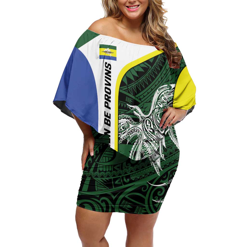 Personalised PNG Morobe Province Family Matching Off Shoulder Short Dress and Hawaiian Shirt Bird of Paradise Tattoo Flag Motif LT9 Mom's Dress Green - Polynesian Pride