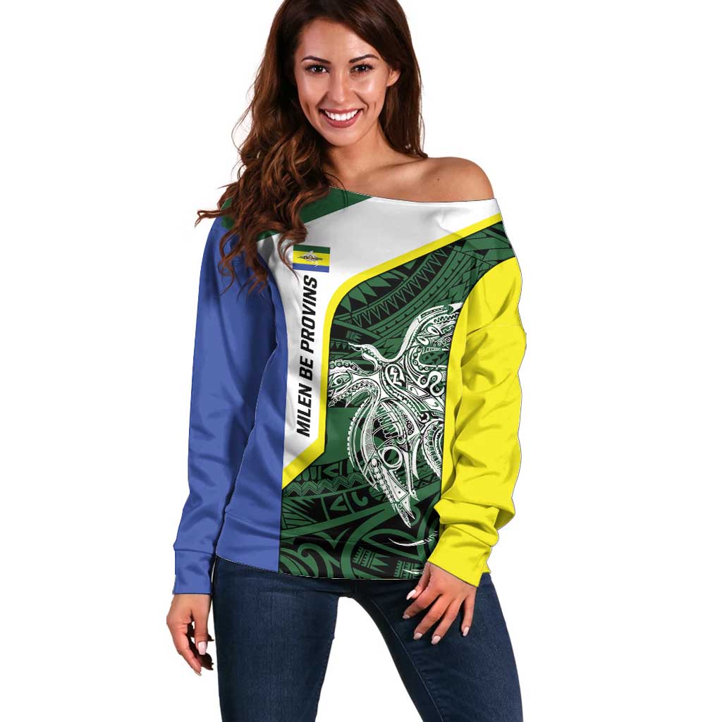 Personalised PNG Morobe Province Off Shoulder Sweater Bird of Paradise Tattoo Flag Motif - Polynesian Pride