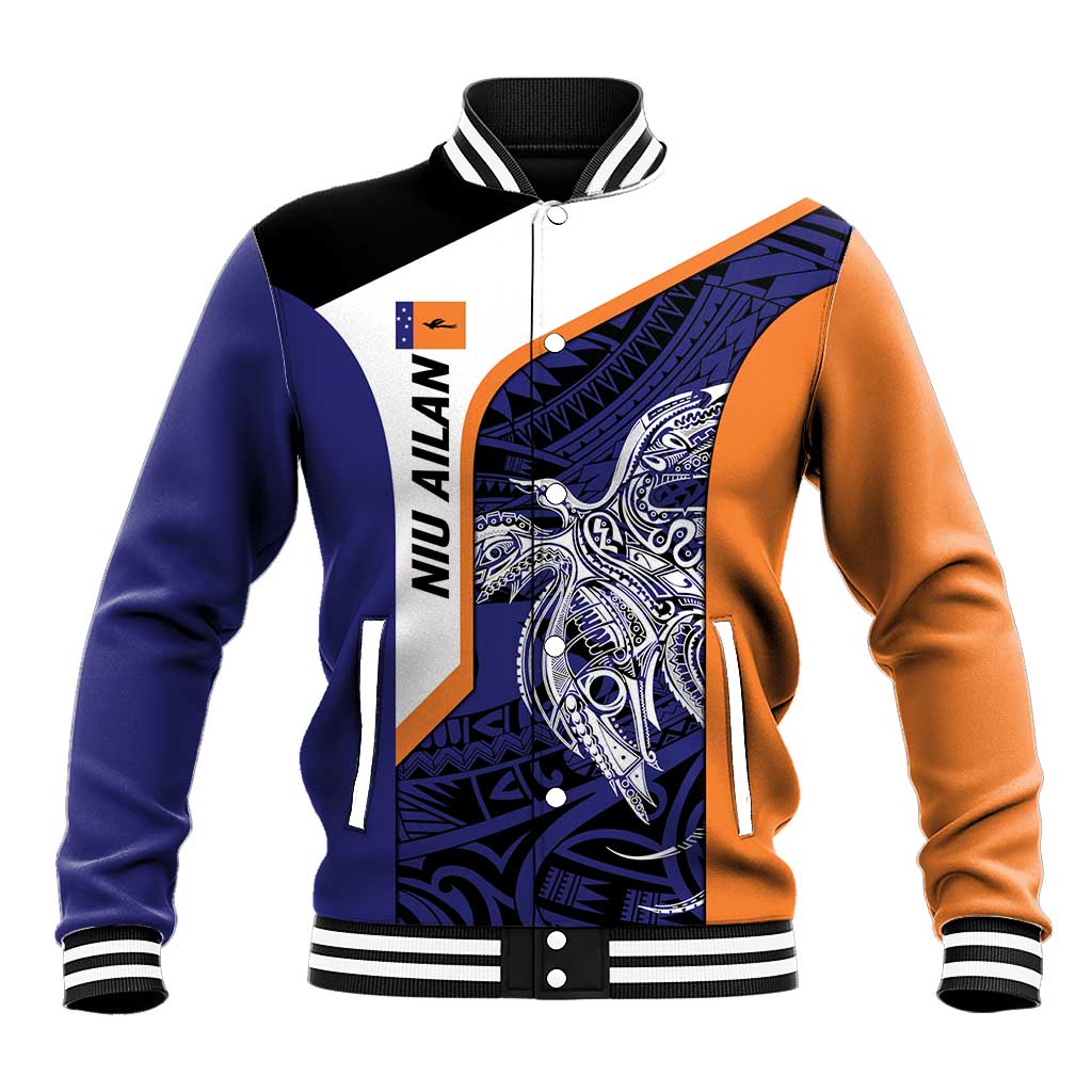 Personalised PNG New Ireland Baseball Jacket Bird of Paradise Tattoo Flag Motif LT9 Unisex Orange - Polynesian Pride