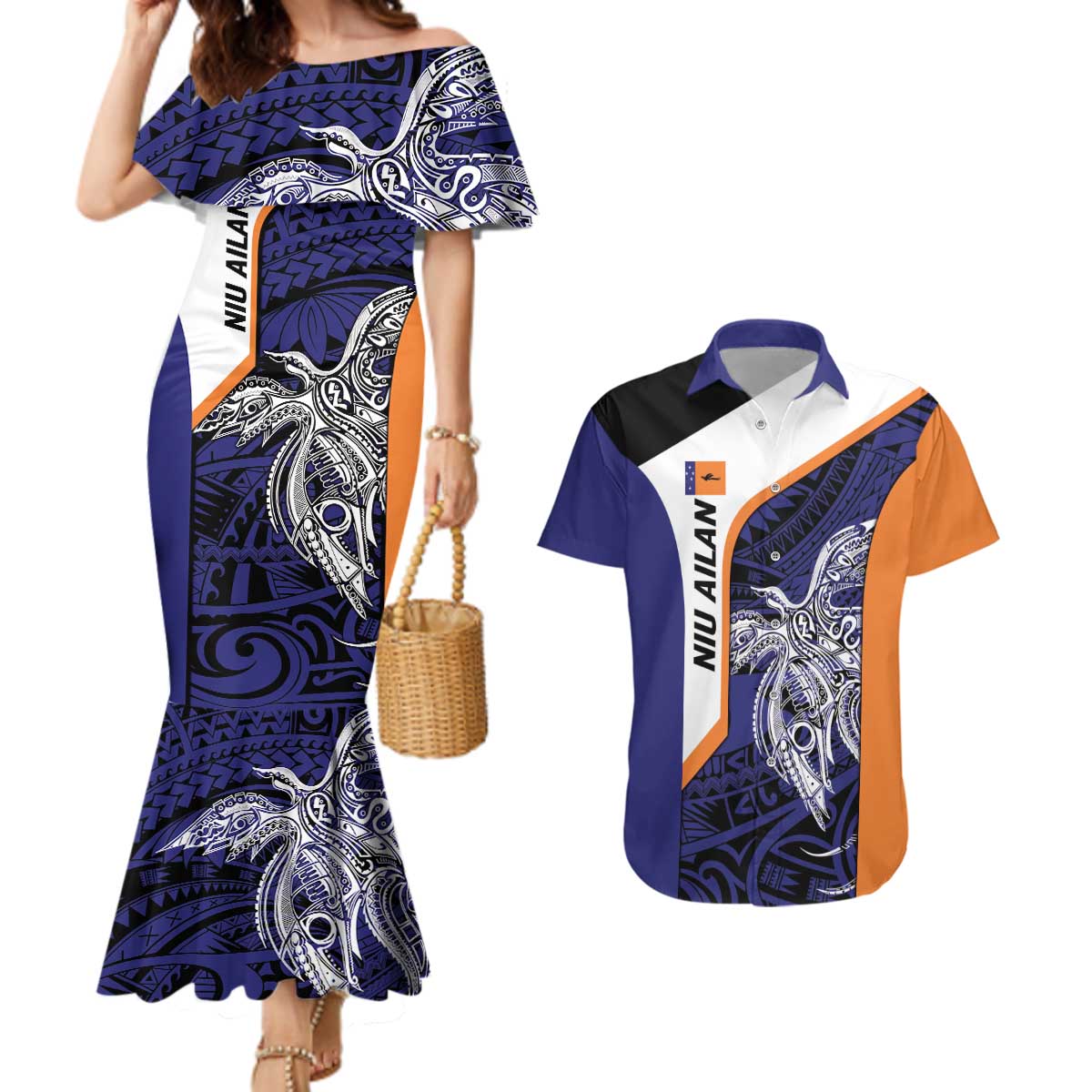 Personalised PNG New Ireland Couples Matching Mermaid Dress and Hawaiian Shirt Bird of Paradise Tattoo Flag Motif LT9 Orange - Polynesian Pride