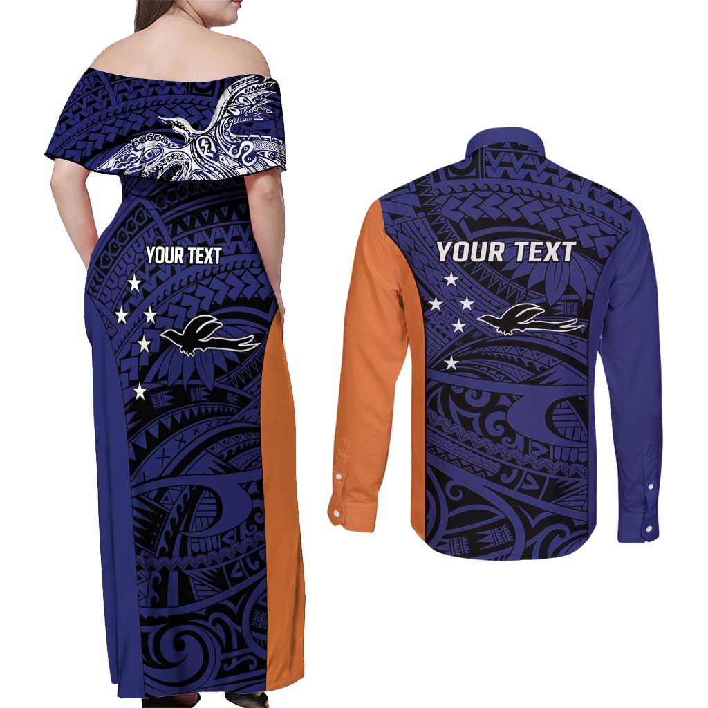 Personalised PNG New Ireland Couples Matching Off Shoulder Maxi Dress and Long Sleeve Button Shirt Bird of Paradise Tattoo Flag Motif LT9 - Polynesian Pride