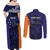 Personalised PNG New Ireland Couples Matching Off Shoulder Maxi Dress and Long Sleeve Button Shirt Bird of Paradise Tattoo Flag Motif LT9 - Polynesian Pride