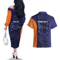 Personalised PNG New Ireland Couples Matching Off The Shoulder Long Sleeve Dress and Hawaiian Shirt Bird of Paradise Tattoo Flag Motif LT9 - Polynesian Pride