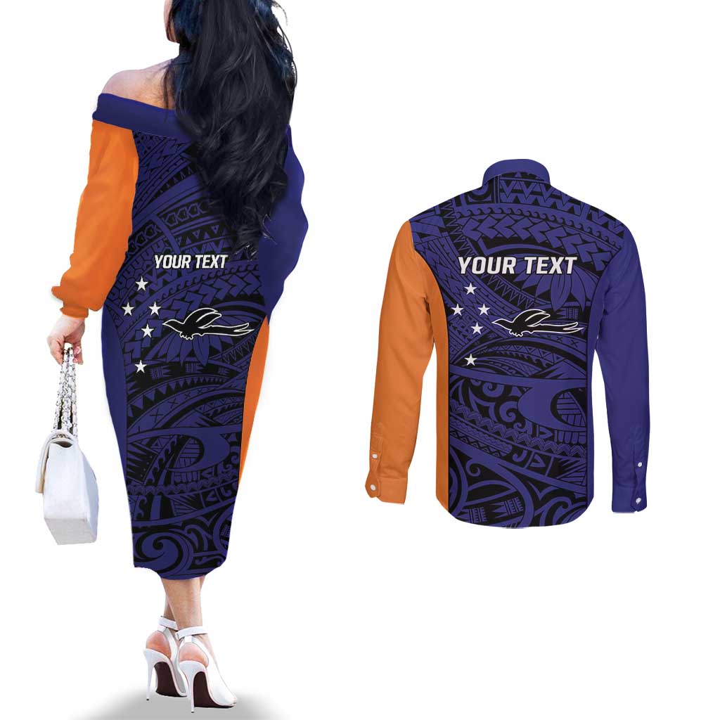 Personalised PNG New Ireland Couples Matching Off The Shoulder Long Sleeve Dress and Long Sleeve Button Shirt Bird of Paradise Tattoo Flag Motif LT9 - Polynesian Pride