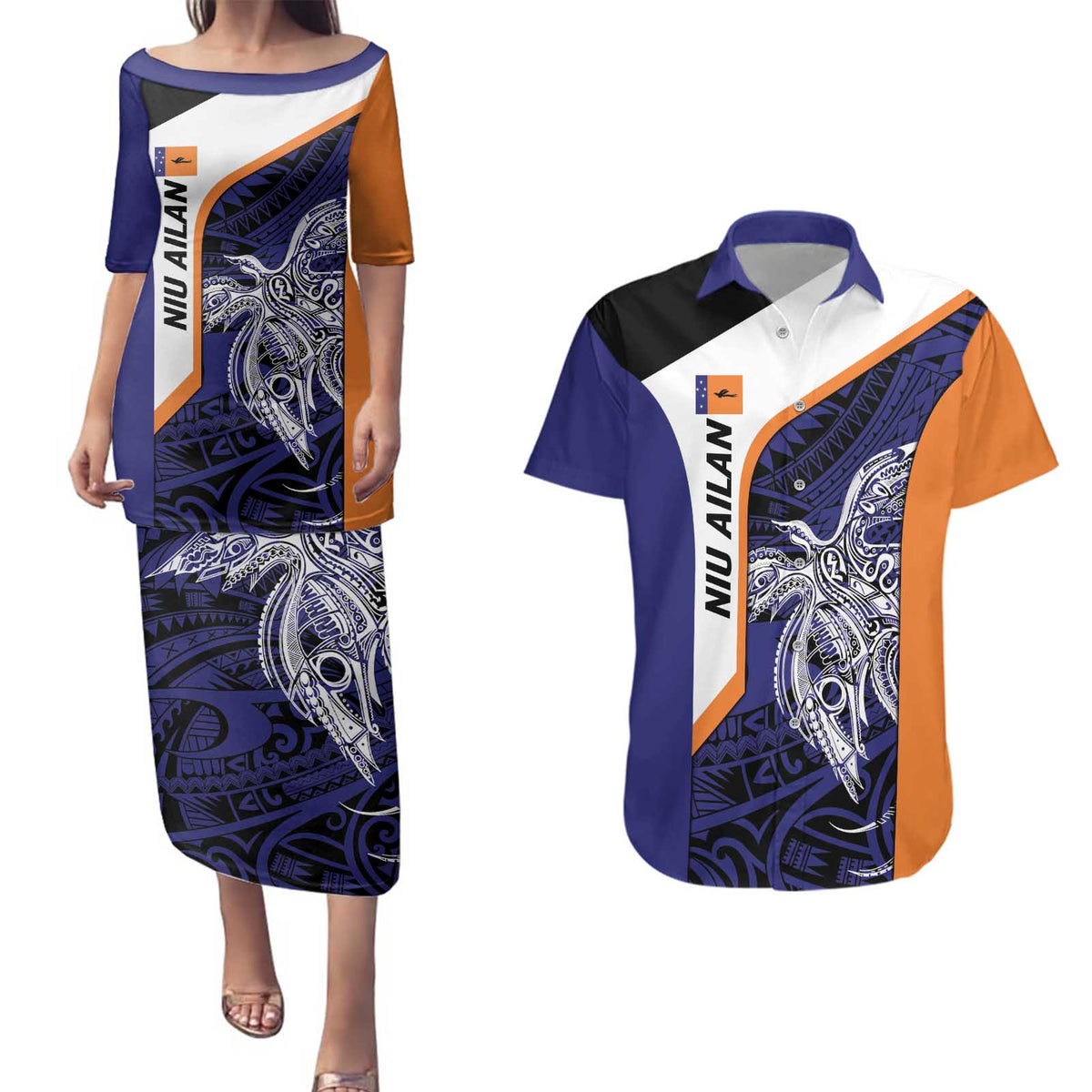 Personalised PNG New Ireland Couples Matching Puletasi and Hawaiian Shirt Bird of Paradise Tattoo Flag Motif LT9 Orange - Polynesian Pride