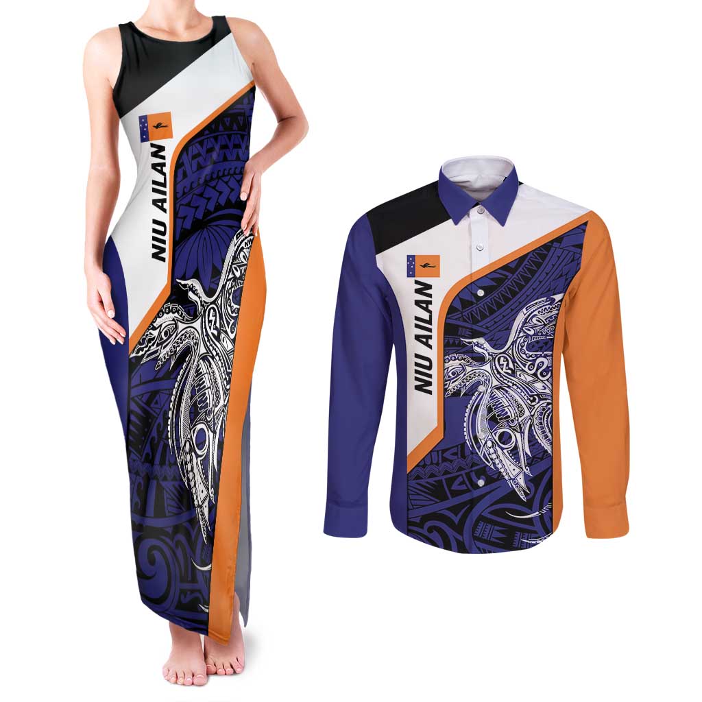 Personalised PNG New Ireland Couples Matching Tank Maxi Dress and Long Sleeve Button Shirt Bird of Paradise Tattoo Flag Motif LT9 Orange - Polynesian Pride