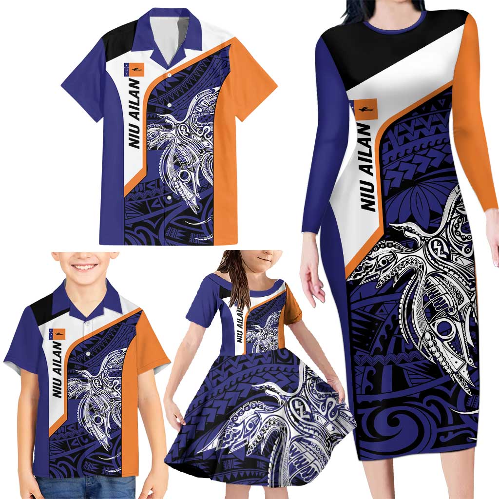 Personalised PNG New Ireland Family Matching Long Sleeve Bodycon Dress and Hawaiian Shirt Bird of Paradise Tattoo Flag Motif LT9 - Polynesian Pride
