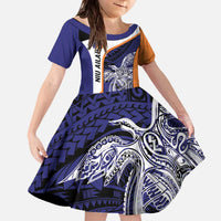 Personalised PNG New Ireland Family Matching Off The Shoulder Long Sleeve Dress and Hawaiian Shirt Bird of Paradise Tattoo Flag Motif LT9 Daughter's Dress Orange - Polynesian Pride