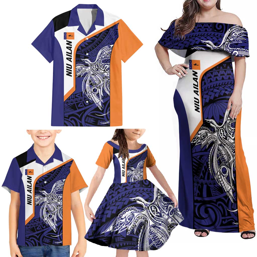 Personalised PNG New Ireland Family Matching Off Shoulder Maxi Dress and Hawaiian Shirt Bird of Paradise Tattoo Flag Motif LT9 - Polynesian Pride