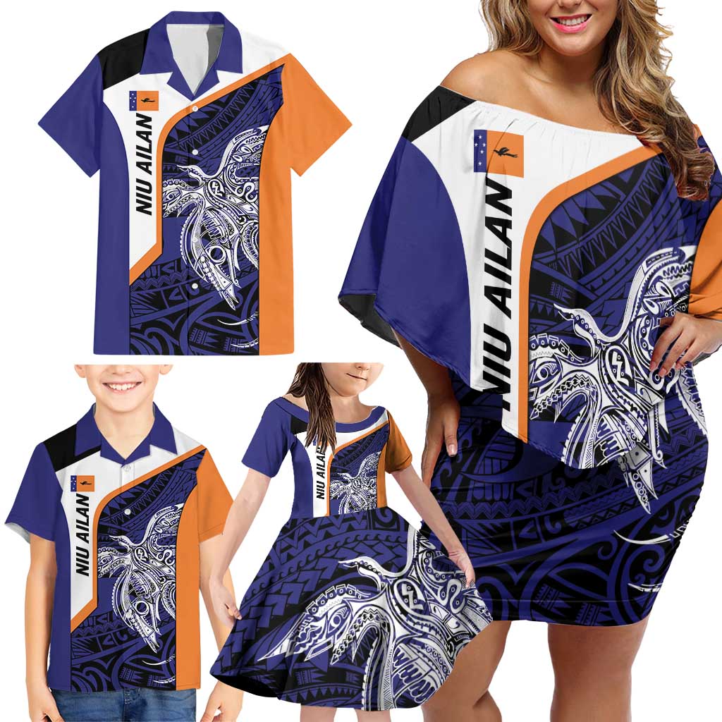 Personalised PNG New Ireland Family Matching Off Shoulder Short Dress and Hawaiian Shirt Bird of Paradise Tattoo Flag Motif LT9 - Polynesian Pride