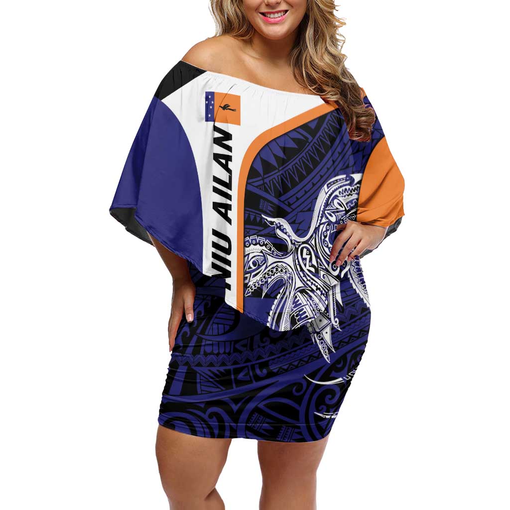 Personalised PNG New Ireland Family Matching Off Shoulder Short Dress and Hawaiian Shirt Bird of Paradise Tattoo Flag Motif LT9 Mom's Dress Orange - Polynesian Pride