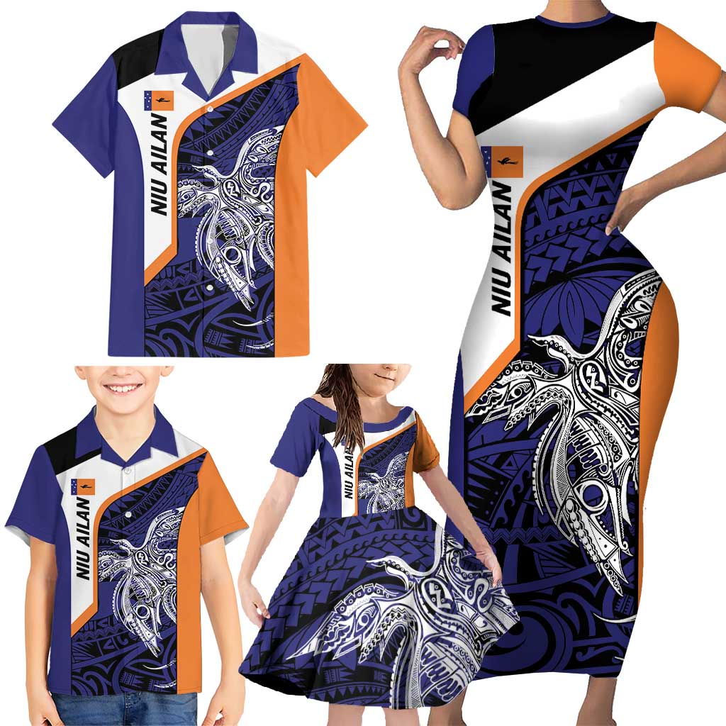 Personalised PNG New Ireland Family Matching Short Sleeve Bodycon Dress and Hawaiian Shirt Bird of Paradise Tattoo Flag Motif LT9 - Polynesian Pride