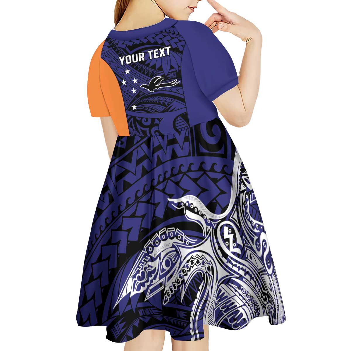Personalised PNG New Ireland Kid Short Sleeve Dress Bird of Paradise Tattoo Flag Motif - Polynesian Pride