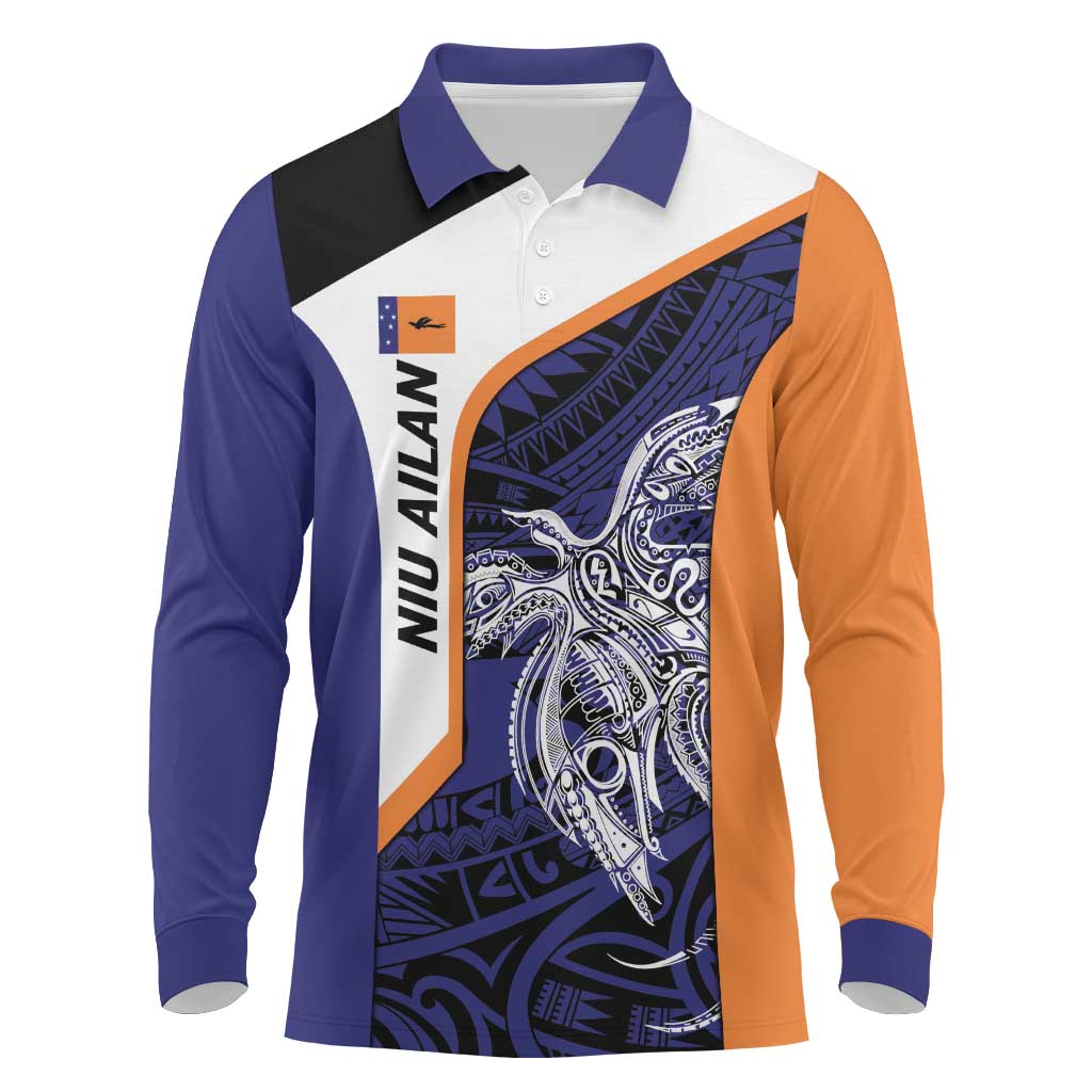 Personalised PNG New Ireland Long Sleeve Polo Shirt Bird of Paradise Tattoo Flag Motif - Polynesian Pride