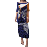 Personalised PNG New Ireland Puletasi Bird of Paradise Tattoo Flag Motif LT9 Long Dress Orange - Polynesian Pride