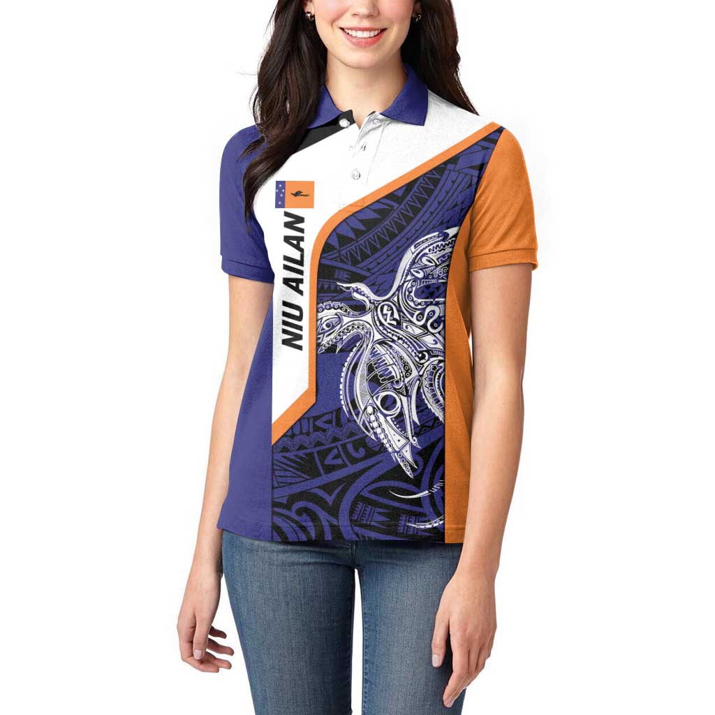 Personalised PNG New Ireland Women Polo Shirt Bird of Paradise Tattoo Flag Motif - Polynesian Pride