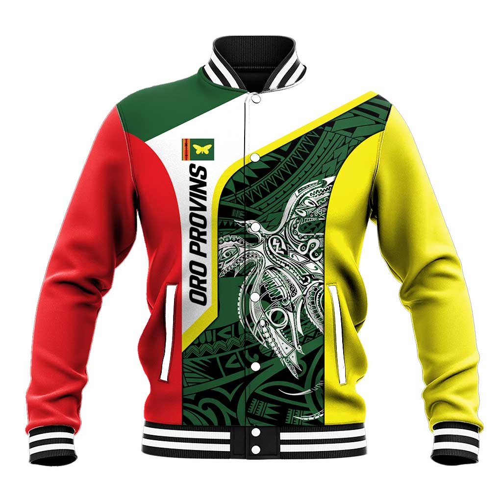 Personalised PNG Oro Province Baseball Jacket Bird of Paradise Tattoo Flag Motif LT9 Unisex Green - Polynesian Pride