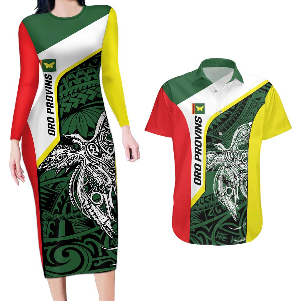 Personalised PNG Oro Province Couples Matching Long Sleeve Bodycon Dress and Hawaiian Shirt Bird of Paradise Tattoo Flag Motif LT9 Green - Polynesian Pride