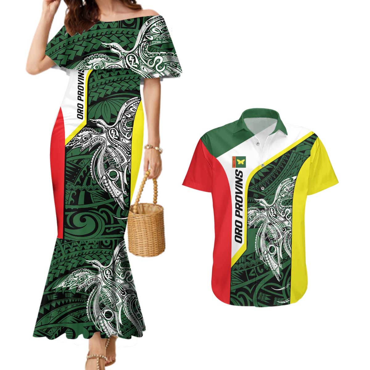 Personalised PNG Oro Province Couples Matching Mermaid Dress and Hawaiian Shirt Bird of Paradise Tattoo Flag Motif LT9 Green - Polynesian Pride