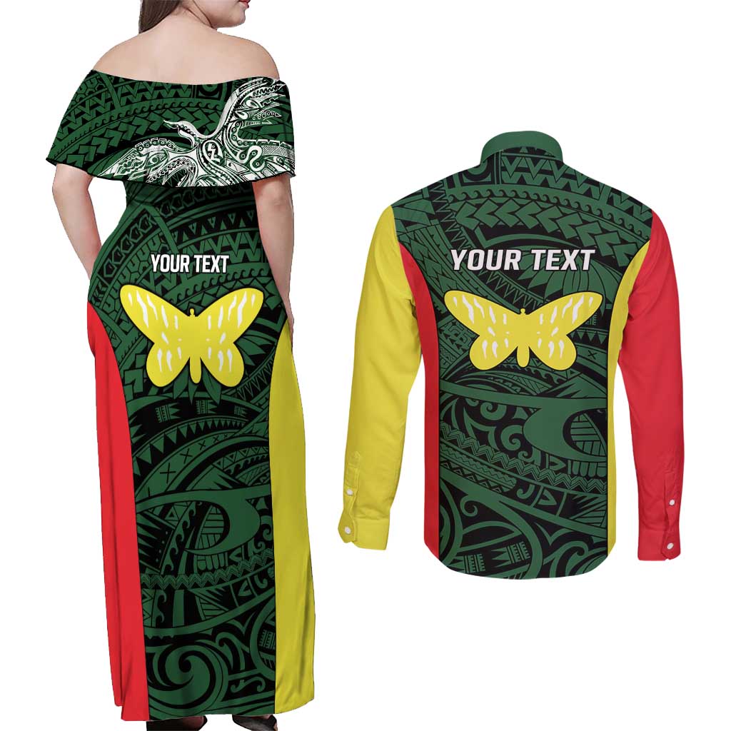 Personalised PNG Oro Province Couples Matching Off Shoulder Maxi Dress and Long Sleeve Button Shirt Bird of Paradise Tattoo Flag Motif LT9 - Polynesian Pride